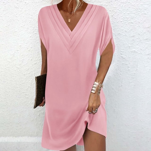 Ovzne Robes d'Été pour Femmes 2025 Robe de Plage pour Femme Couleur Unie à Manches Courtes Col en V Plissée Robe à Manches Chauve-Souris Robe d'Été à Manches Courtes Liquidation