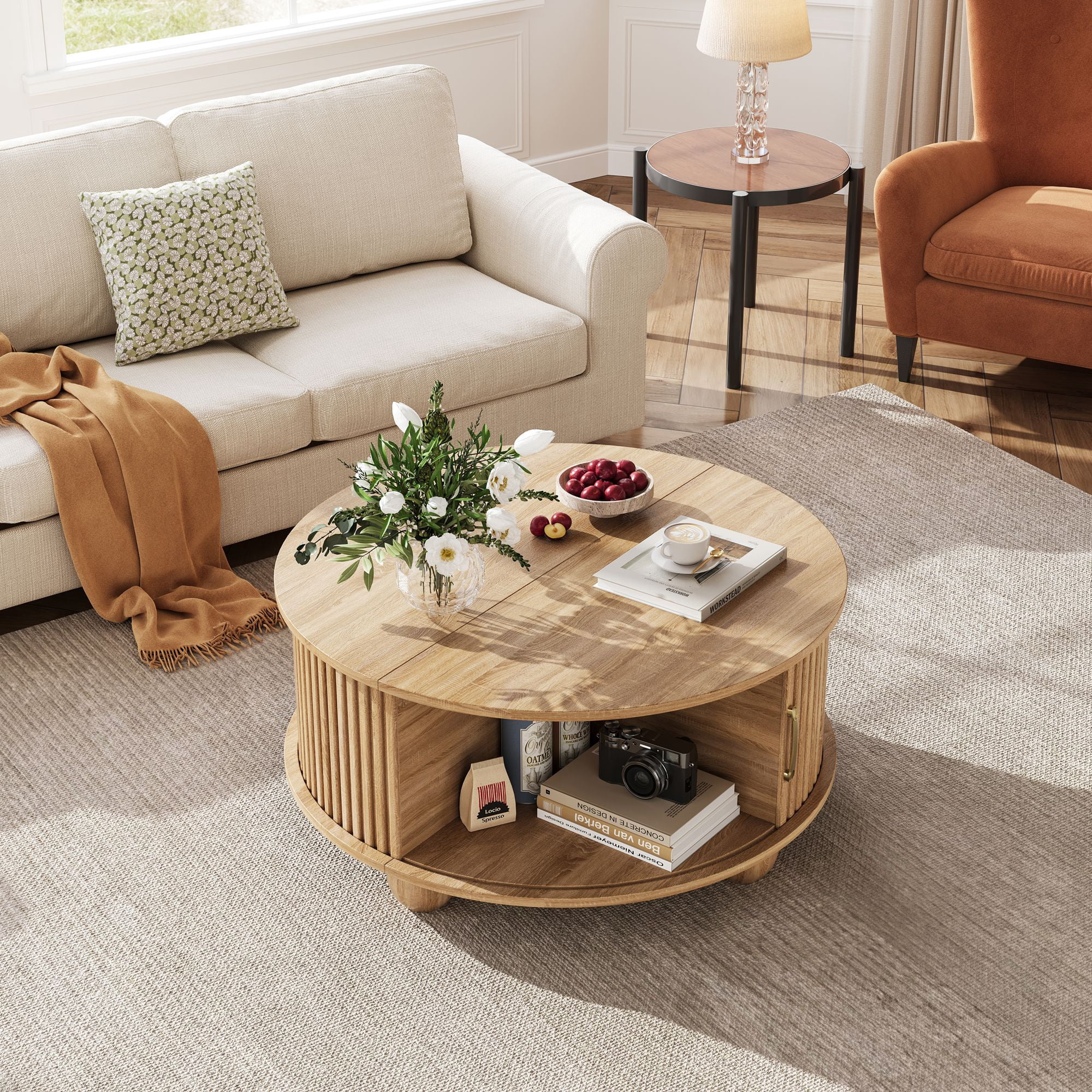 Round Coffee Table with Storage, Accent Fluted Drum Coffee Table with Sliding Door, Mid Century Modern Table for Living Room, Farmhouse Coffee Table for Small Space