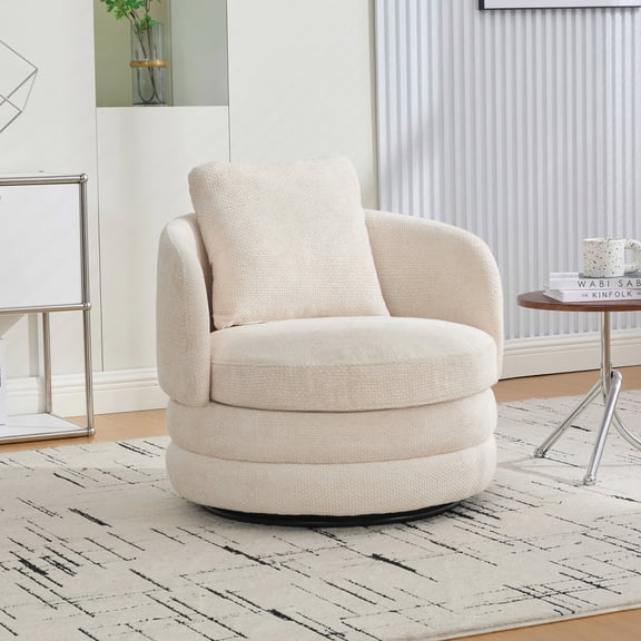 30"W Modern Round 360° Swivel Barrel Accent Chair with Pillow, Chenille Upholstered Comfy Barrel Armchair Single Club Sofa Chair for Living Room,Bedroom, Reading Room, Balcony, Lounge,Beige No.6948