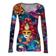thumbnail image 4 of Mardi Gras Shirts for Women Feathers Print Carnival Long Sleeve Blouse Glitter V Neck Purple Graphic Tee Hot Pink S, 4 of 7