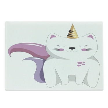 Unicorn Cat Cutting Board, Fictitious Horned Character Face Expression Girls, Decorative Tempered Glass Cutting and Serving Board, Large Size, Pale Pink Orange Lilac, by Ambesonne