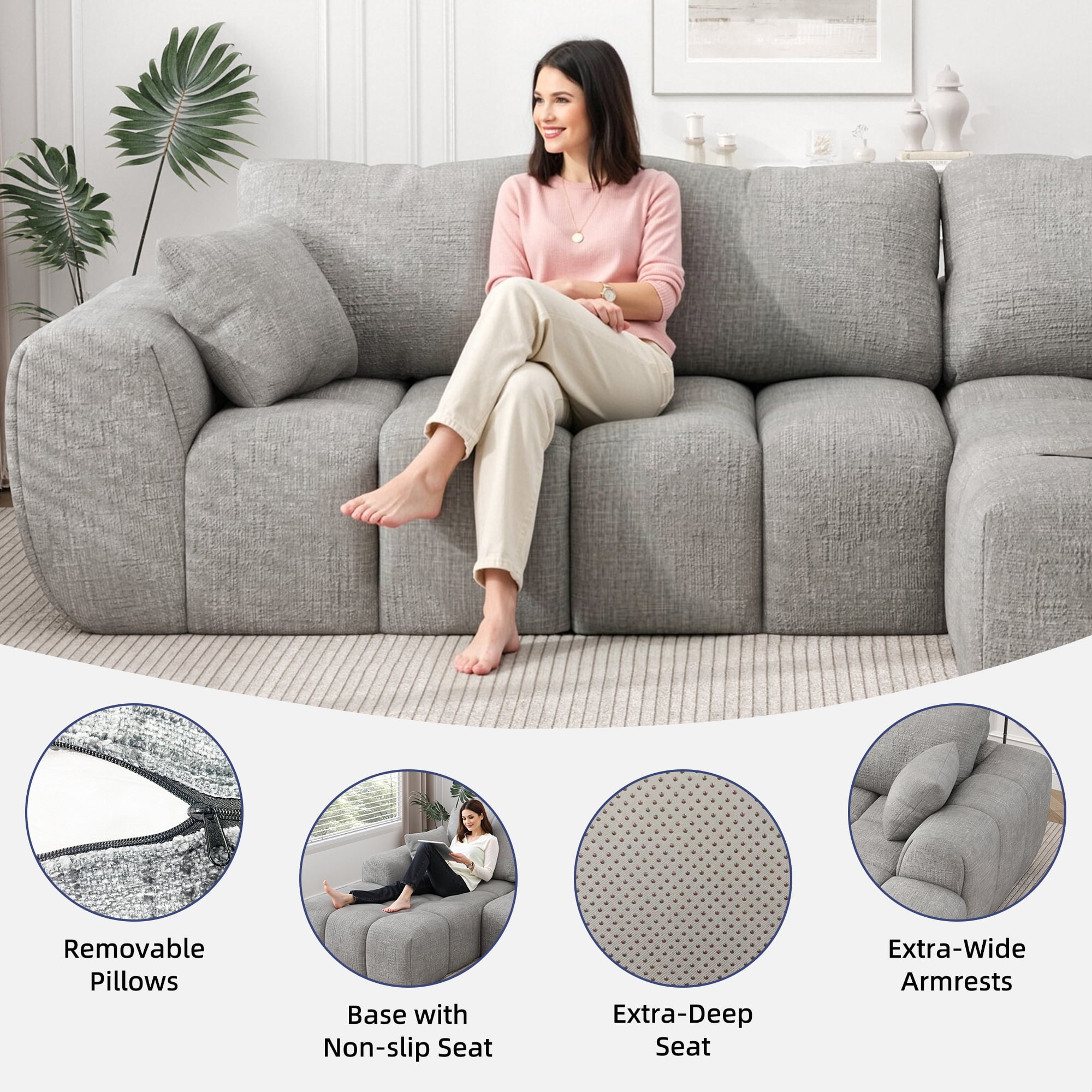 101" Sectional Sofa with Back Cushion,Modern L-Shaped Modular Cloud Couch,Unique Chenille Fabric Couches and Sofas for Living Room Bedroom,Compression Sofa No Assembly Required(Light Gray)