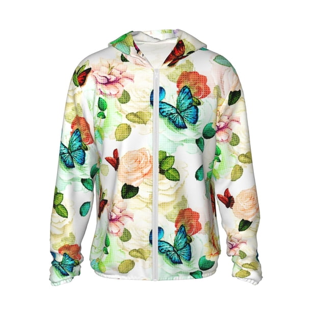 Fotbe Floral Vintage Chaqueta con Protección Solar UPF 50+ para Hombre y Mujer, Camisa con Capucha y Bolsillos-Small