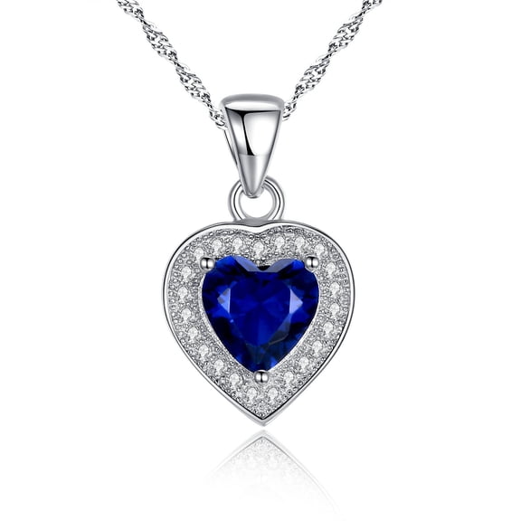 Sterling Silver Heart Pendant Necklace for Women, Blue Sapphire Halo