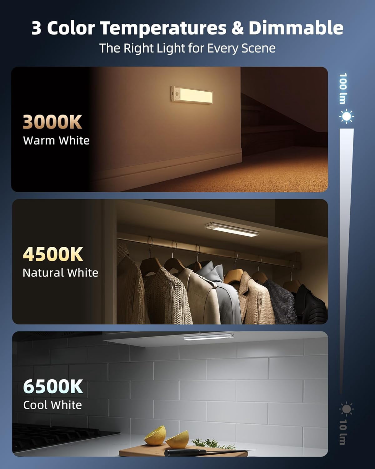 6-Pack Under Cabinet Lighting Wireless, 1800mAh Rechargeable Motion Sensor Light Indoor, Magnetic Closet Lights, Dimmable & 3 Color Temps, Under Counter Lights for Kitchen, Stairs (8inch)