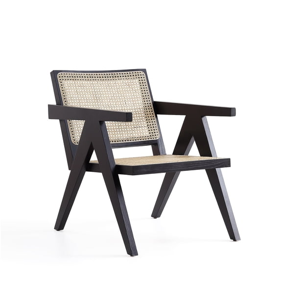 JERFIT Modern Cane Accent Chair, Solid Wood Armchair with Square Backrest for Living Room, Black and Natural