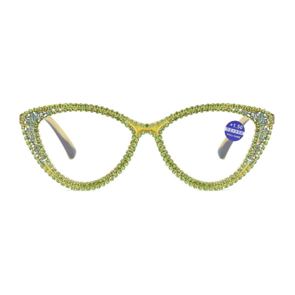 2 Pairs of Ladies Handmade Diamond Reading Glasses 4.00 Women Green Frame Elegant Anti-blue Light Cat Eye Readers +4.00 Strength