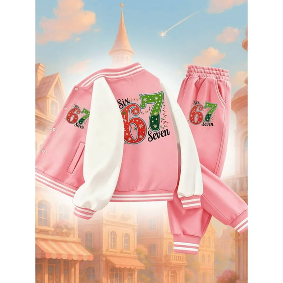 Pink 67 Seven Tracksuit Varsity Jacket set funny girl pink regular fit Single Breasted Placket Regular Fit for Fall/Winter, Perfect for Outdoor for Outdoor baggy name plain funny 3 to 10 years old