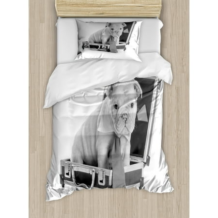 English Bulldog Twin Size Duvet Cover Set Tie Wearing Puppy