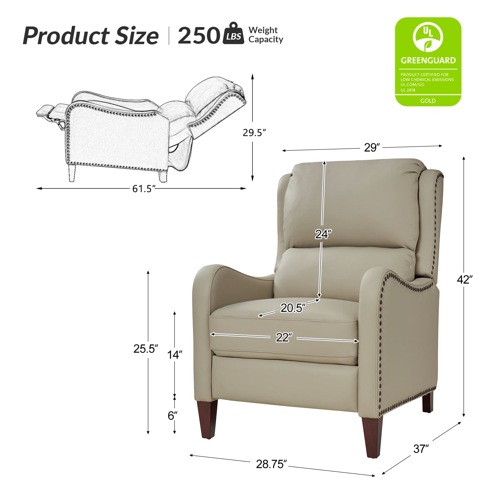 Genuine Leather Recliner Chair Push Back Upholstered Armchair Wingback Lounge Sofa Wood Leg Home Decor Living Room Beige