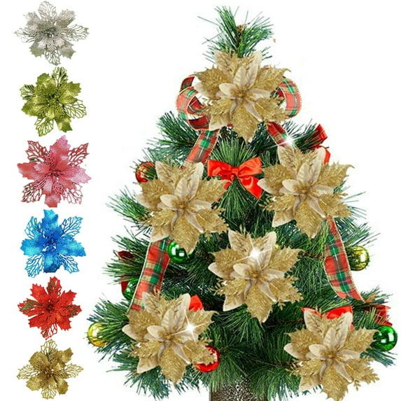 6 Pcs Christmas Artificial Gold Poinsettia Flowers, Glitter Flowers Decorations for Xmas Christmas Tree Ornaments and Wreath Decorations - 6.3/4.33 inches