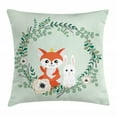 thumbnail image 1 of Cartoon Animal Throw Pillow Cushion Cover, Sweet Spring Friends Rabbit and Fox Floral Cartoon, Decorative Square Accent Pillow Case, 16" X 16", Pale Green Vermilion and Champagne, by Ambesonne, 1 of 2