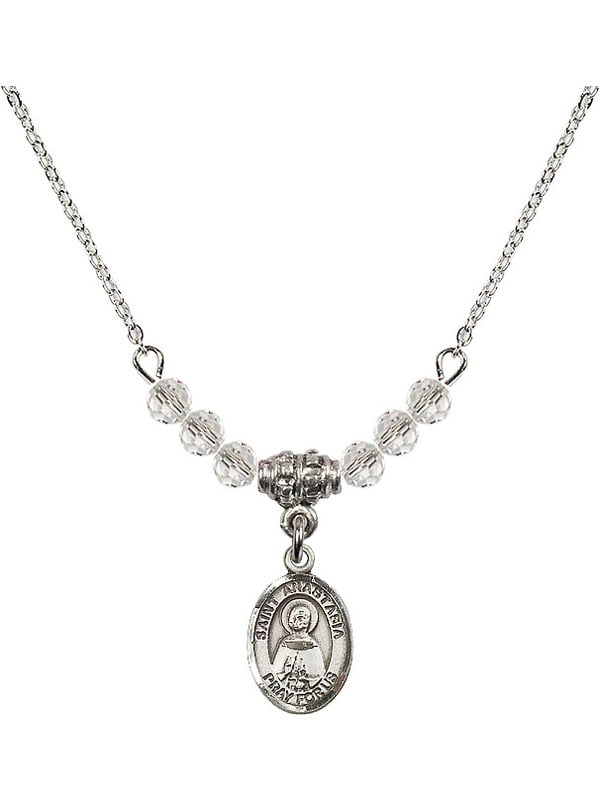 18-Inch Rhodium Plated Necklace with 6mm Garnet Birthstone Beads and Sterling Silver Saint Anastasia Charm.