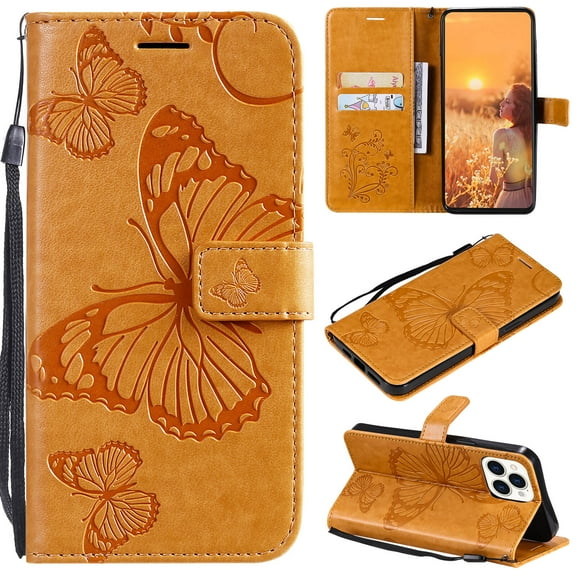 iPhone 12 Pro Max Wallet Case, Flip Kickstand Emboss Butterfly PU Leather Protective Phone Cover with Wrist Strap & Card Slots, Yellow