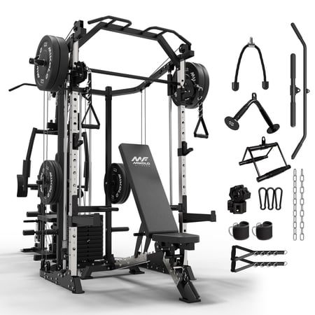 Mikolo Multi-Function Smith Machine Power Cage Home Gym with Cable Crossover System and 121LB Weight Stack