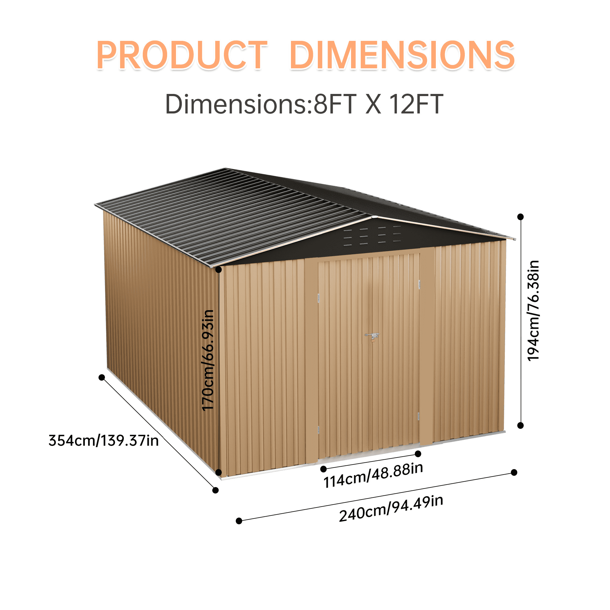 Tzou 8x12FT Metal Garden Shed w/Lockable Doors & Sloped Roof – Reinforced Galvanized Steel Tool/Bike Storage for Backyard, Patio, Poolside (Weather-Resistant)