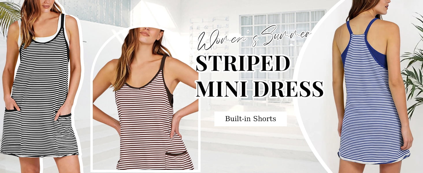 PUWEI Women's Striped Athletic Mini Dress Summer Sleeveless Built-in Shorts Tennis Workout Romper