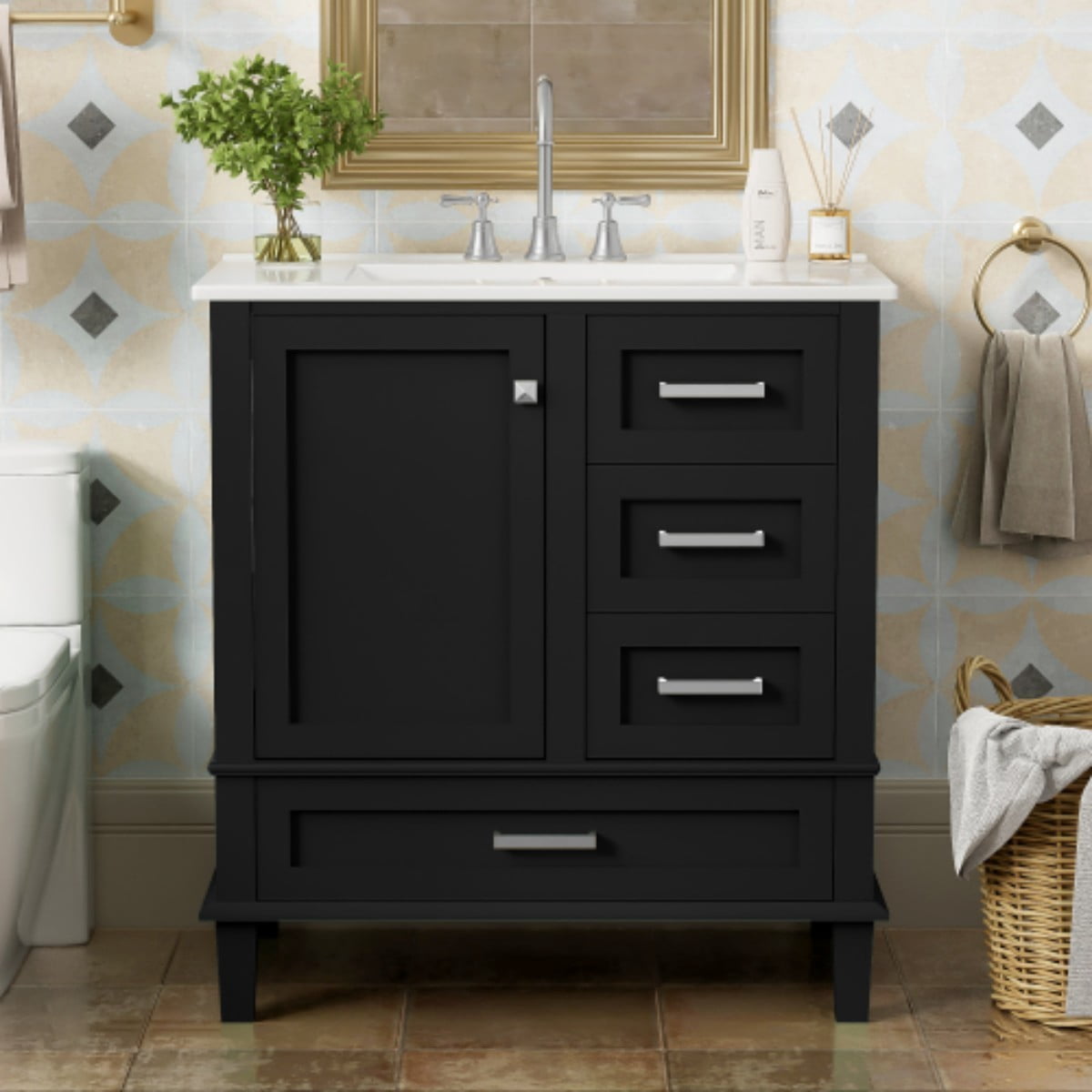 30" Bathroom Vanity with Ceramic Sink, Freestanding Bathroom Cabinet, Soft Close Door, 3 Drawers, Solid Wood Frame, Black