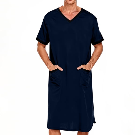 QUNYINEY Long Men's Short Sleeve Nightshirt Blue Sleep Shirt Sleeping with Pockets V Neck Loose Fit Mens Nightgown