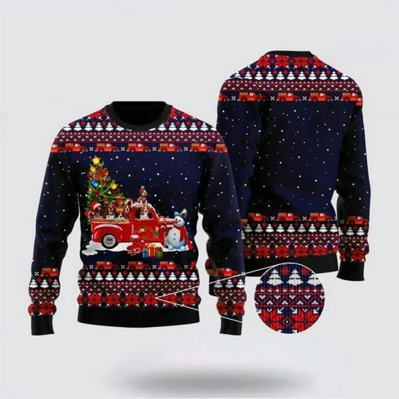 Funny Dogs With Red Truck Christmas Holiday Christmas Sweater – Dog Lover Christmas Sweater