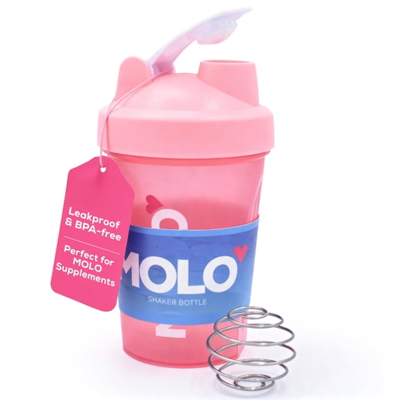 Molo 12 oz Shaker Bottle with Stainless Steel Whisk Blender Ball, BPA and Phthalate Free, Dishwasher Safe, Leak Proof Lid, For Protein, Pre Workout, & Other Supplements (Pink)