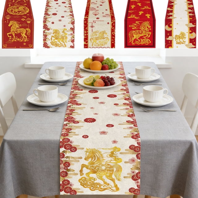 Bowayaoa Year of the Horse Table Runner 2026, Galloping Horse Print Linen Table Decor, Chinese New Year Party Table Decoration, Festive Horse Tablecloth for Dining