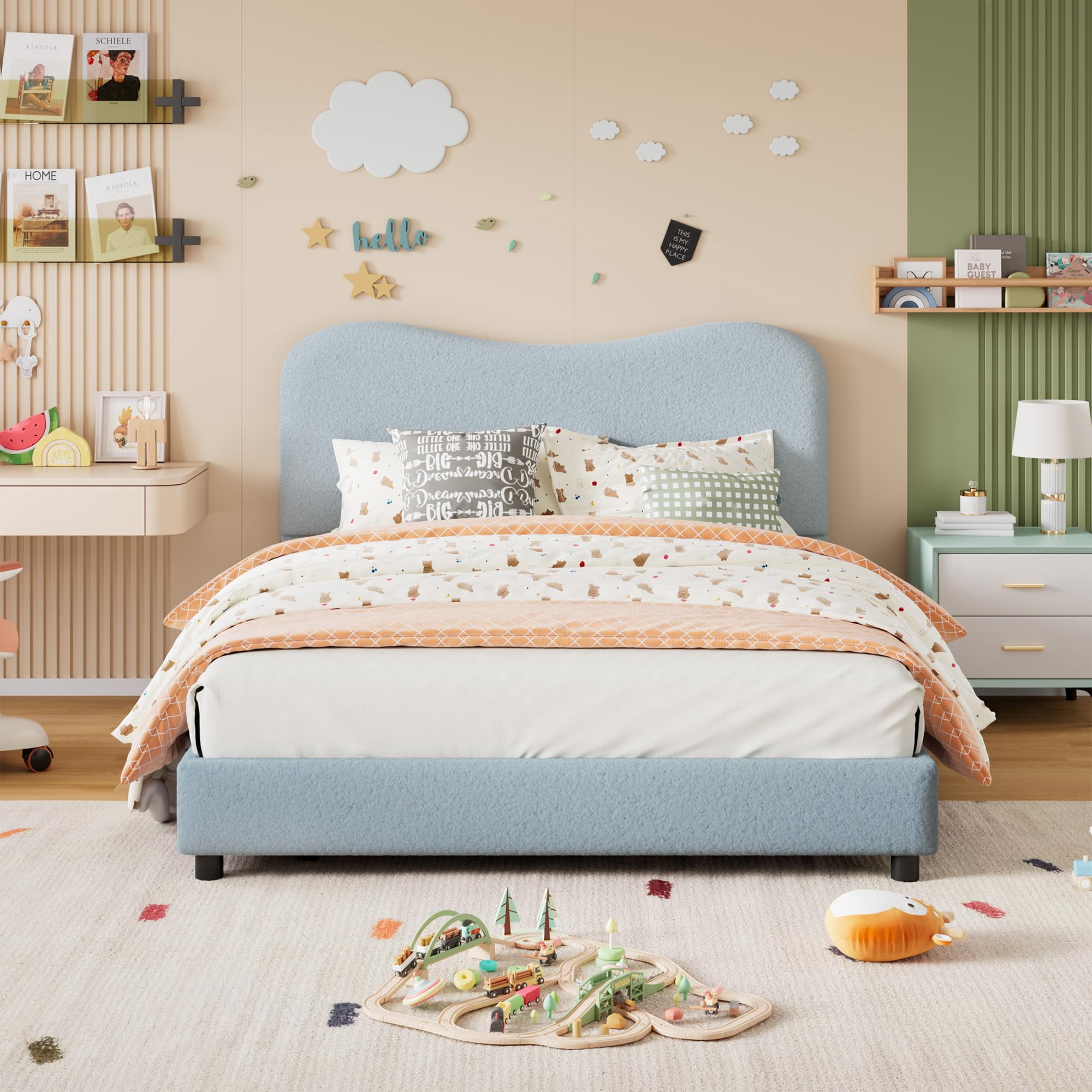 Twin/Full/Queen Size Velvet Upholstered Bed Frame with Boucle Headboard, Soft Rounded Corners Platform Bed with Low Profile Sturdy, Heavy Duty, Wooden Slats, Noise Free, Easy Assembly