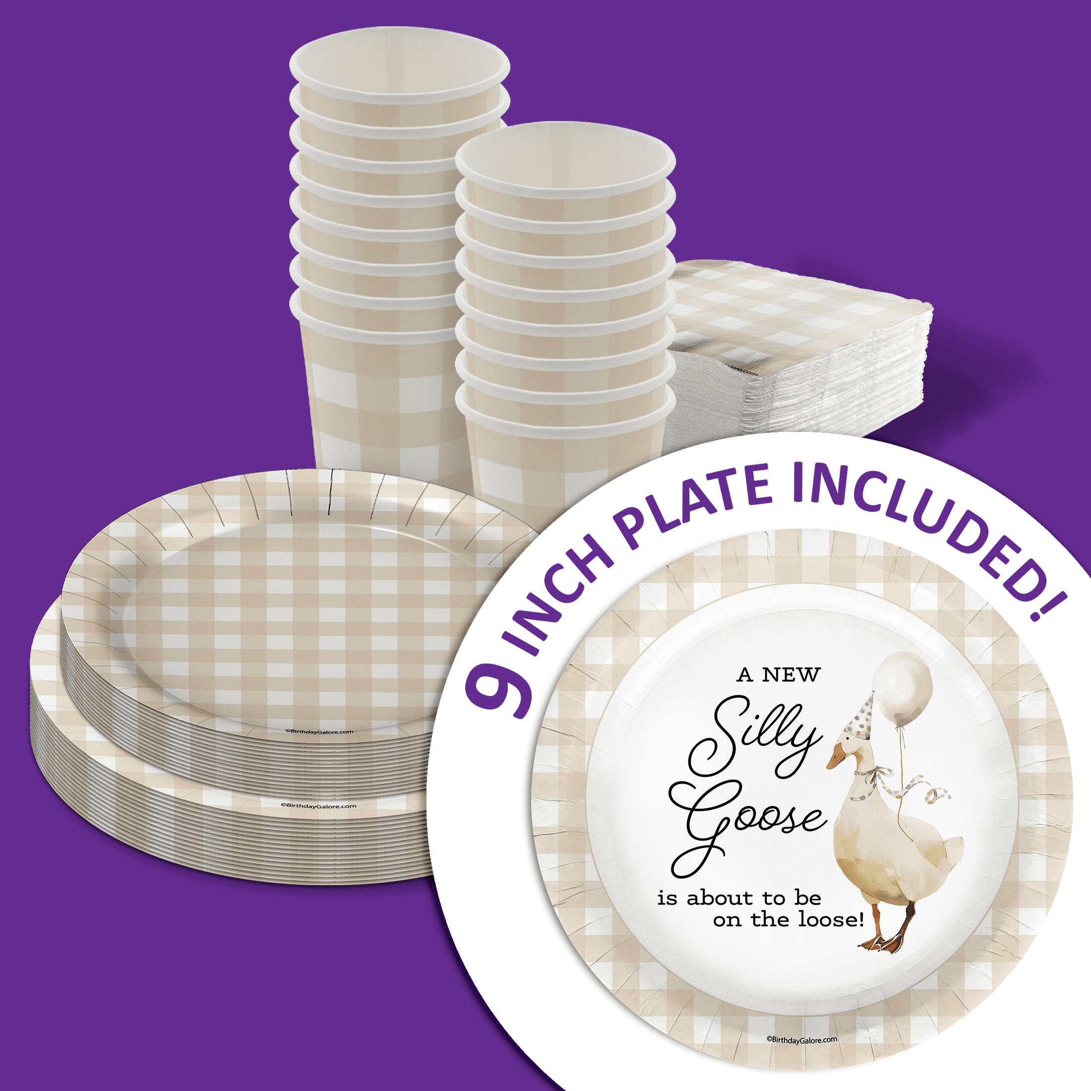 A Silly Goose Is On The Way Baby Shower Party Supplies - 64 Piece Baby Shower Tableware Set Includes Large 9" Dinner Plates and 8" Dessert Paper Plates Napkins Cups - Kit for 16