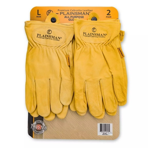 Plainsman Full-Finger Leather Gloves, Yellow, L, 2 Pack