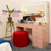 Boahaus Aria Vanity Desk with Mirror and Lights – 7 Drawer Makeup Vanity Table with Storage, Power Outlet and Speakers