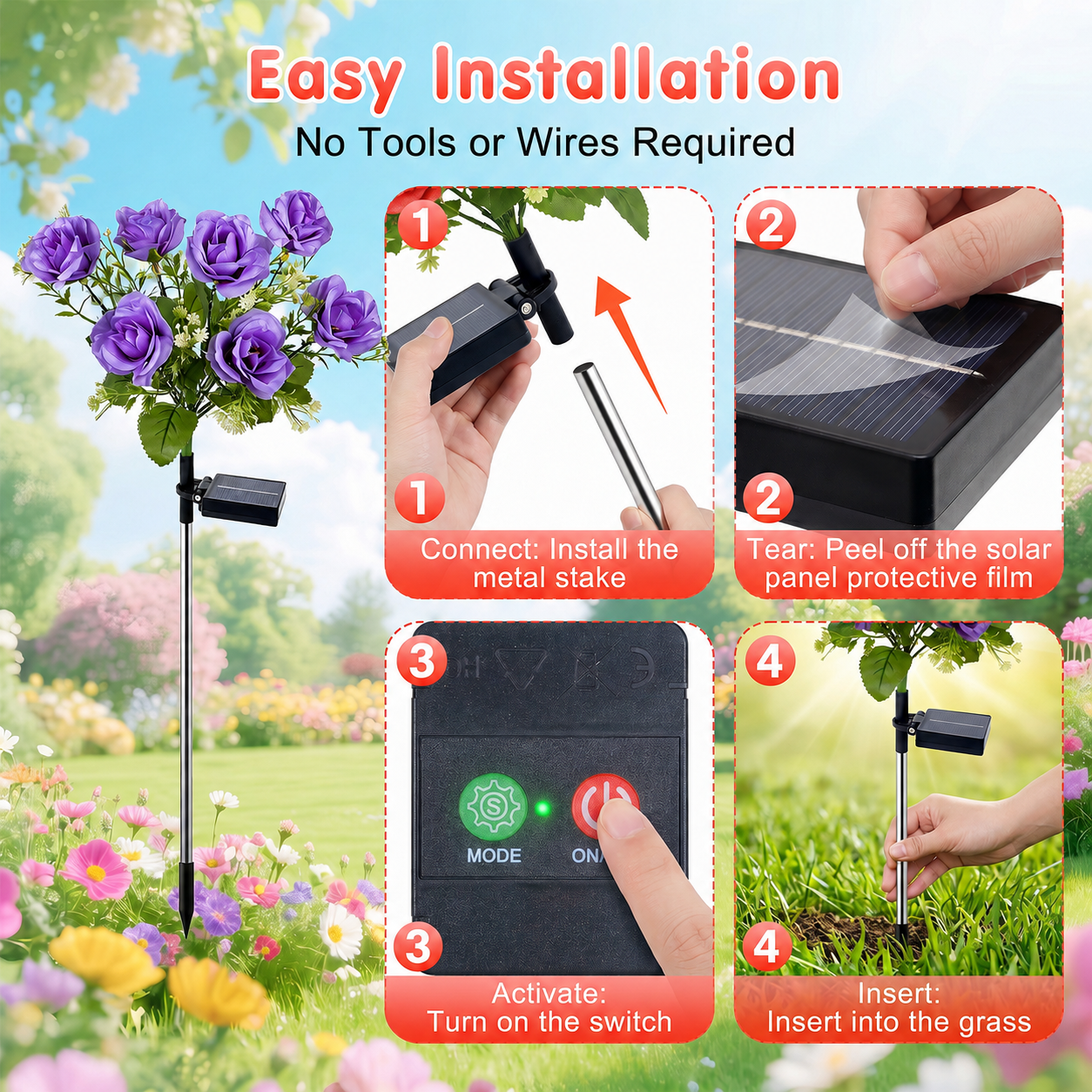Rirool Solar Rose Garden Stake Lights 2-Pack Purple photo 7