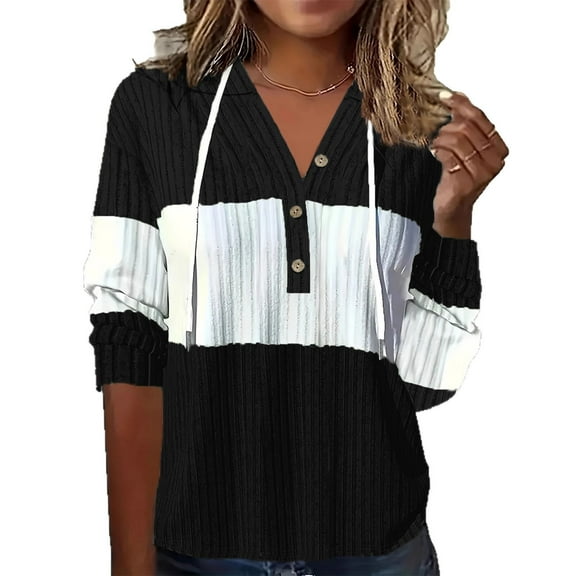 Under 10 dollars! Women's Color Block Button Up V Neck Hoodies Pullover Sweatshirts Loose Comfy Ribbed Long Sleeve Tunic Tops Blouse