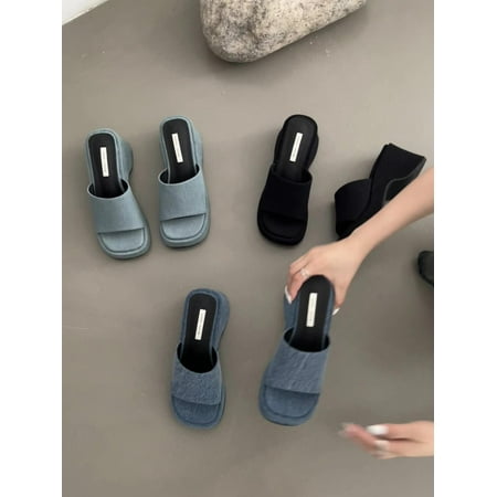 

Shoes Square Toe On A Wedge Big Size Low House Slippers Platform Slides Block Flat Rome TPR Cotton Fabric Hoof Heels Low Flat Sh