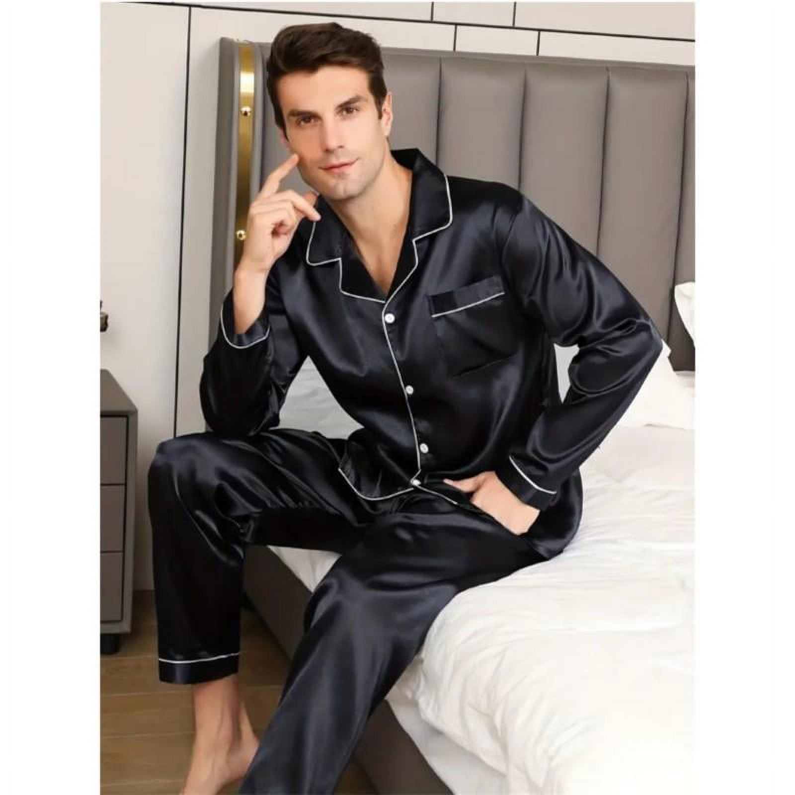 YUANOU Men's Pajamas Set Silk Satin Sleepwear Shirt Long Short - Main Image