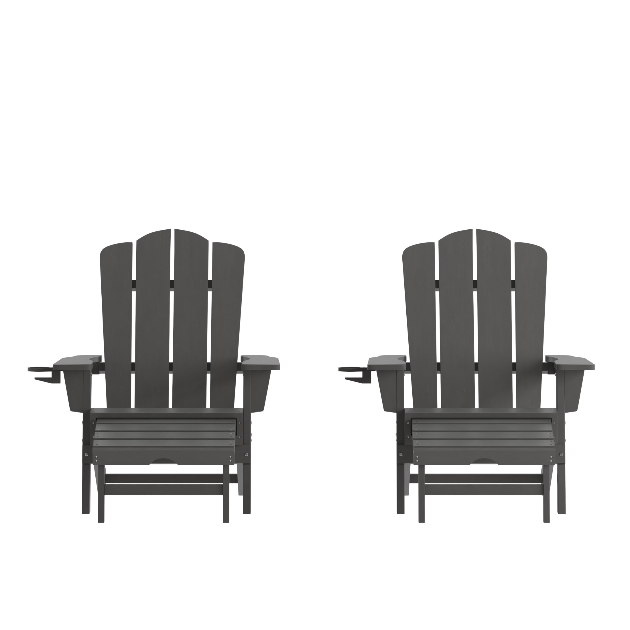 BizChair HDPE Adirondack Chair with Cup Holder and Pull Out Ottoman, All-Weather HDPE Indoor/Outdoor Lounge Chair in Gray, Set of 2