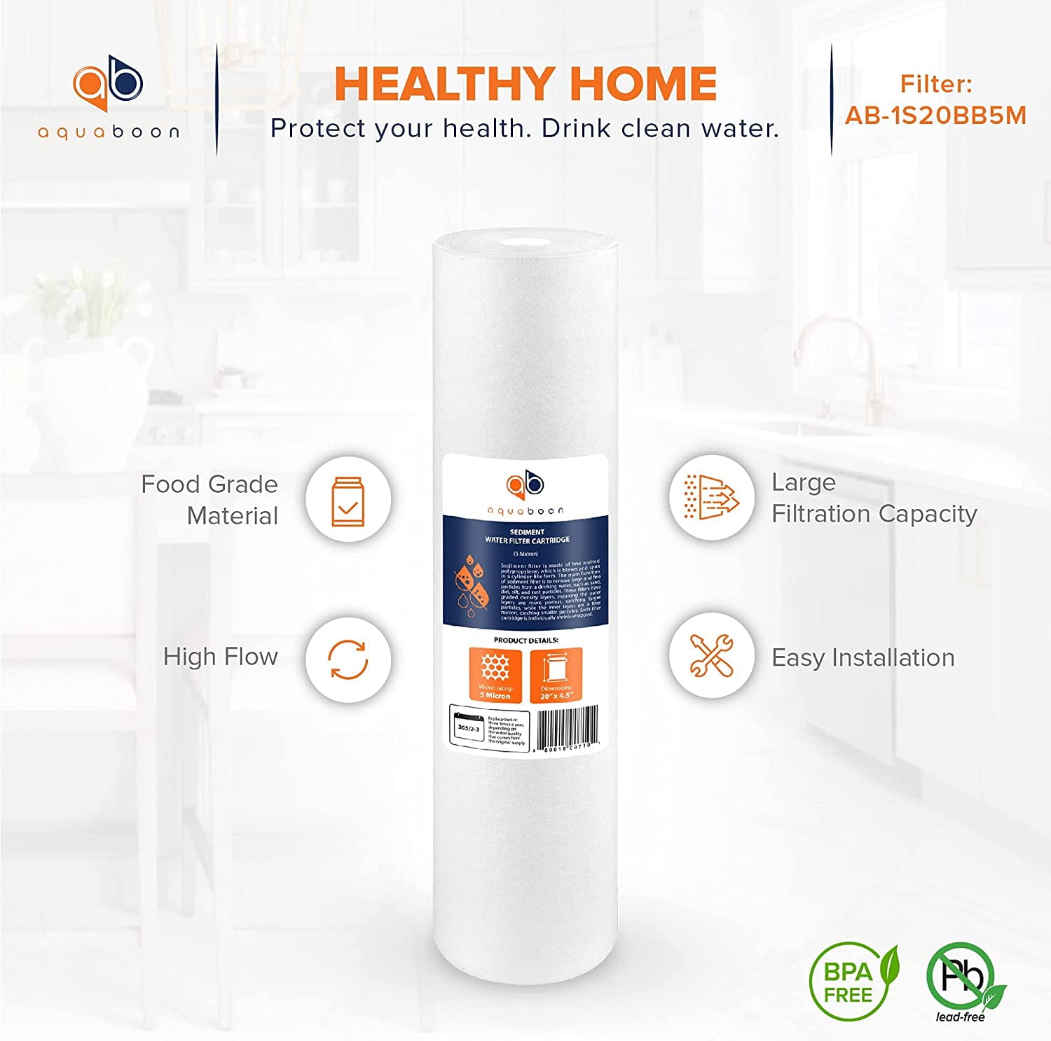 Aquaboon 4-Pack of 5 Micron 20" Sediment Water Filter Replacement Cartridge | Whole House Sediment Filtration | Compatible with AP810-2, SDC-45-2005, FPMB5-20, P5-20, FP25B, 155358-43