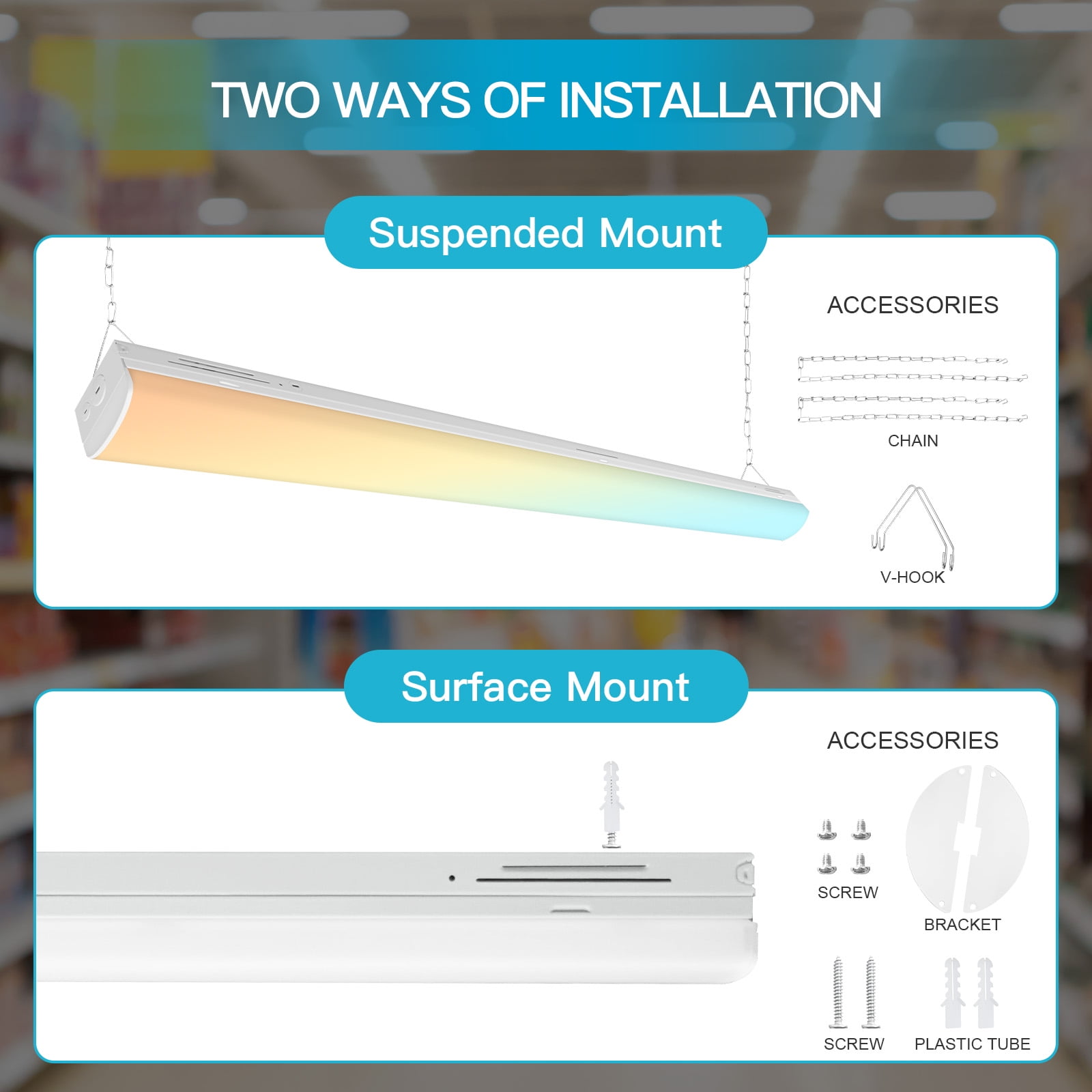 4FT Led Light Fixtures,45W 0-10V Dimmable Led Shop Light,48 Inch Led Light Fixture,5850LM, 3500-5000K, Dimmable 4FT Shop Light,Warehouse,Garage 5 Year Support(Chain Inside Lamp Shade)
