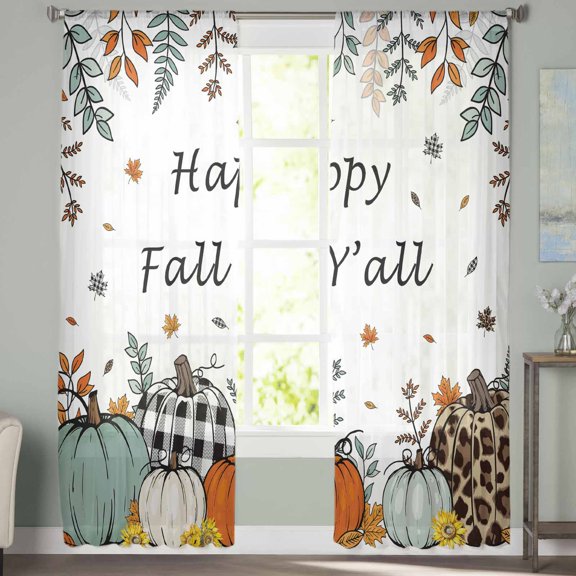 Sheer Curtains 96 inches Long, Happy Fall Y'all Thanksgiving Pumpkin Maple Leaf Light Filtering Sheer Window Curtains Rod Pocket Voile Drapes for Bedroom Living Room, 52"W x 96"L 2 Panels