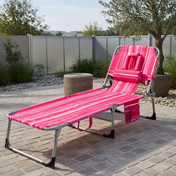 Foldable Tanning Chair with Face & Arm Holes – Lightweight Portable Beach Chair for Pool, Patio, and Outdoor Use – Pink Stripe