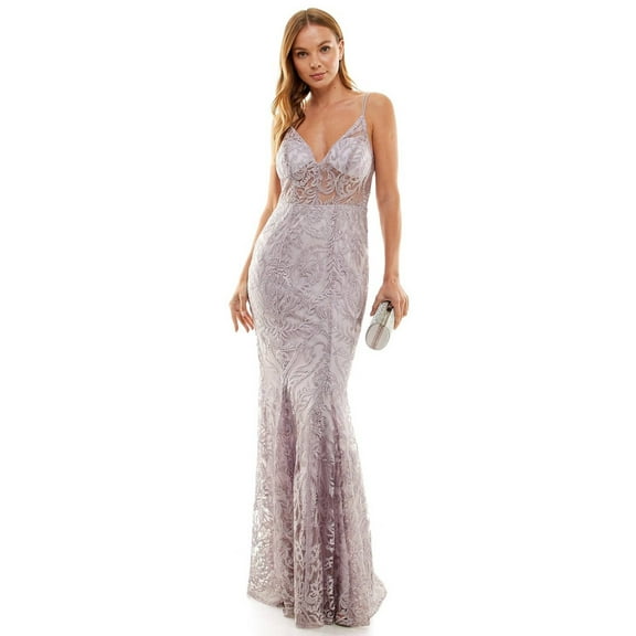 Speechless Juniors Lavender Embroidered V-Neck Illusion Gown Dress