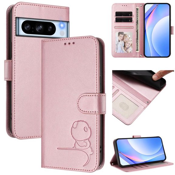 For Google Pixel 8 Pro Litter Panda Embossing Leather Phone Case with RFID Blocking Card Slot Wallet Magnetic Clasp Lanyard Flip Stand Case,Pink,For Google Pixel 8 Pro