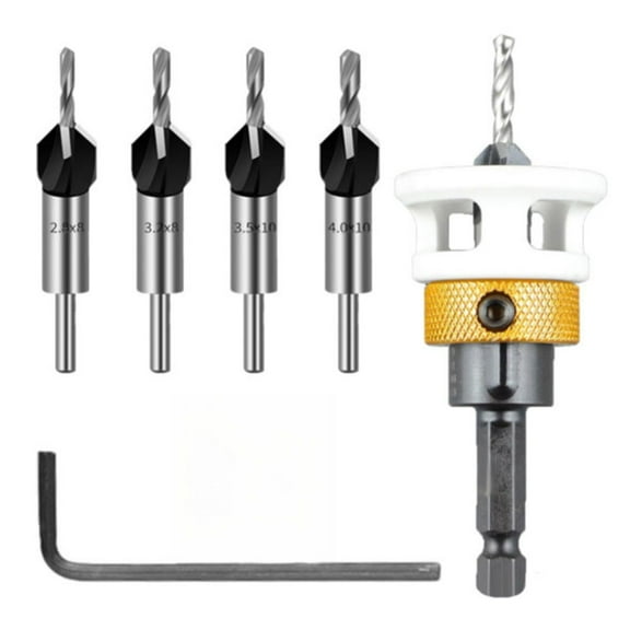 6-Piece Countersink Drill Bit Set with Depth Stop for Wood Projects,Interchangeable Bits for Professional Finishes