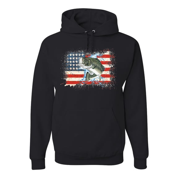 Wild Bobby, American Flag Jumping Largemouth Bass Fish, Fishing, Unisex Graphic Hoodie Sweatshirt, Black, Small