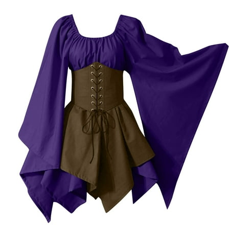 Fall and Winter Savings Clearance 2024! Antqov Dresses for Women Women s Halloween Vintage Dress Women Costumes Gothic Sleeve Corset Dresses Sleeve Round-Neck Knee-High Dress Purple XL