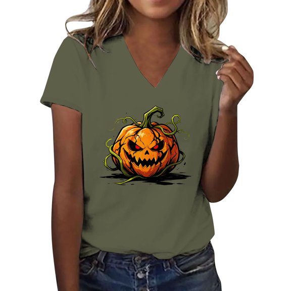 Halloween Shirts for Women V Neck Tops for Women Halloween Graphic Tee Womens Summer Tops Ladies' Halloween Top Summer Tops for Women Oversized Tshirts Tshirts for Women Vintage Tshirts Womens Tops
