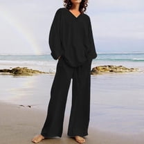 Yourumao Pants Suit for Women 2 Pieces 2023 Cotton Linen Plus Size Suits Long Sleeve V Neck Tops Solid High Waisted Drawstring Palazzo Pants Sets with Pockets