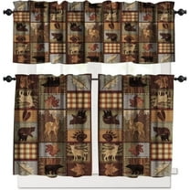Retro Rustic Style Curtain Set, Moose Deer Bear Leaf Tree Country Style Farmhouse Window Valances and Tier Set for Kitchen Living Room Café Décor