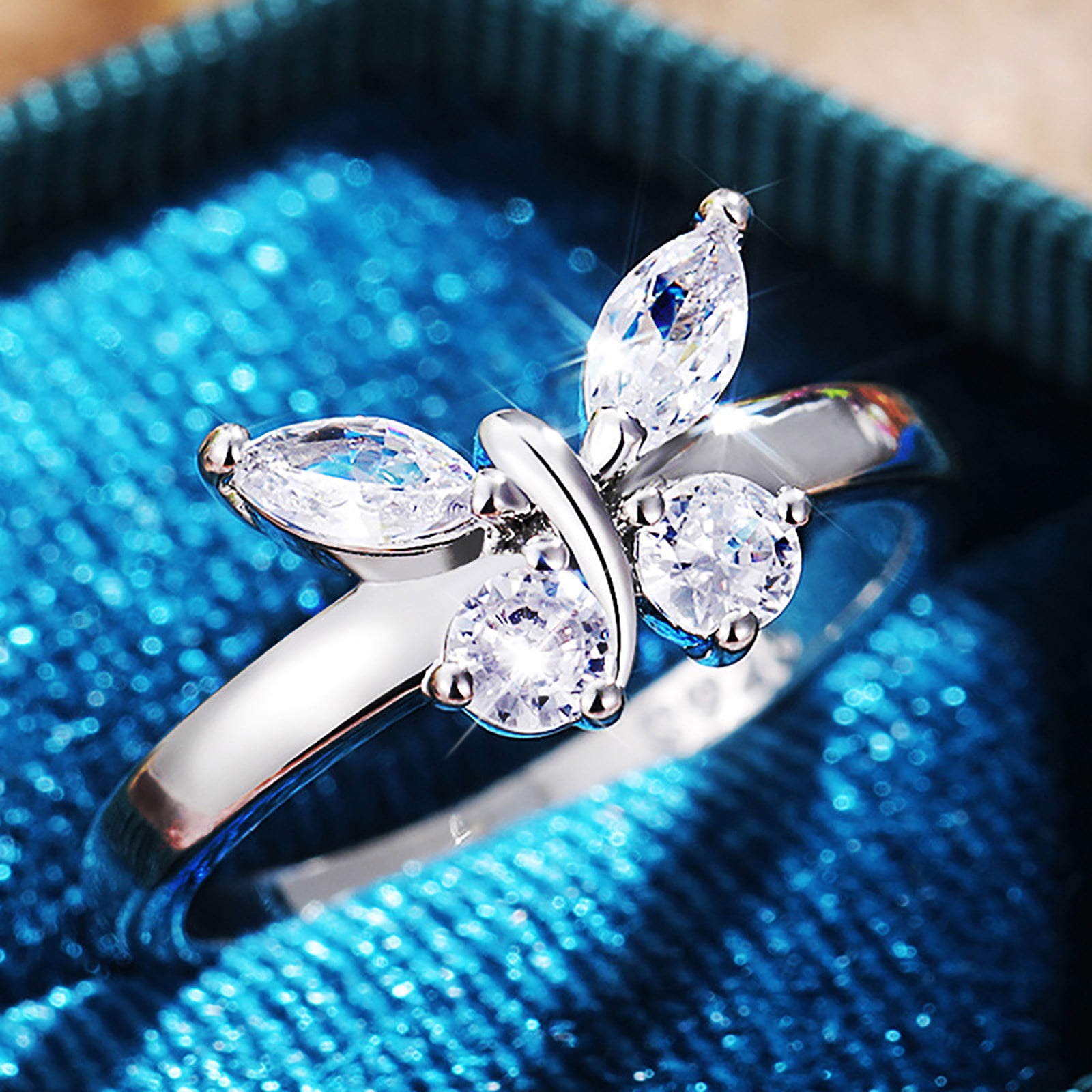 PMUYBHF Fashion Individuality Creativity Zircon Versatile Stainless Steel  Love Butterfly Blue Glow Fadeless Ring Jewelry WoMen's Rings Size 9.5