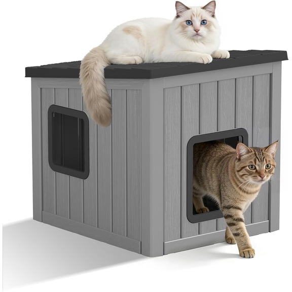 Large Outdoor Cat House Weatherproof, Plastic Cat House with Dual Door, Feral Cat Shelter for Porch, Patio, Backyards,Garage, Neighborhood, Indoor(Gray)