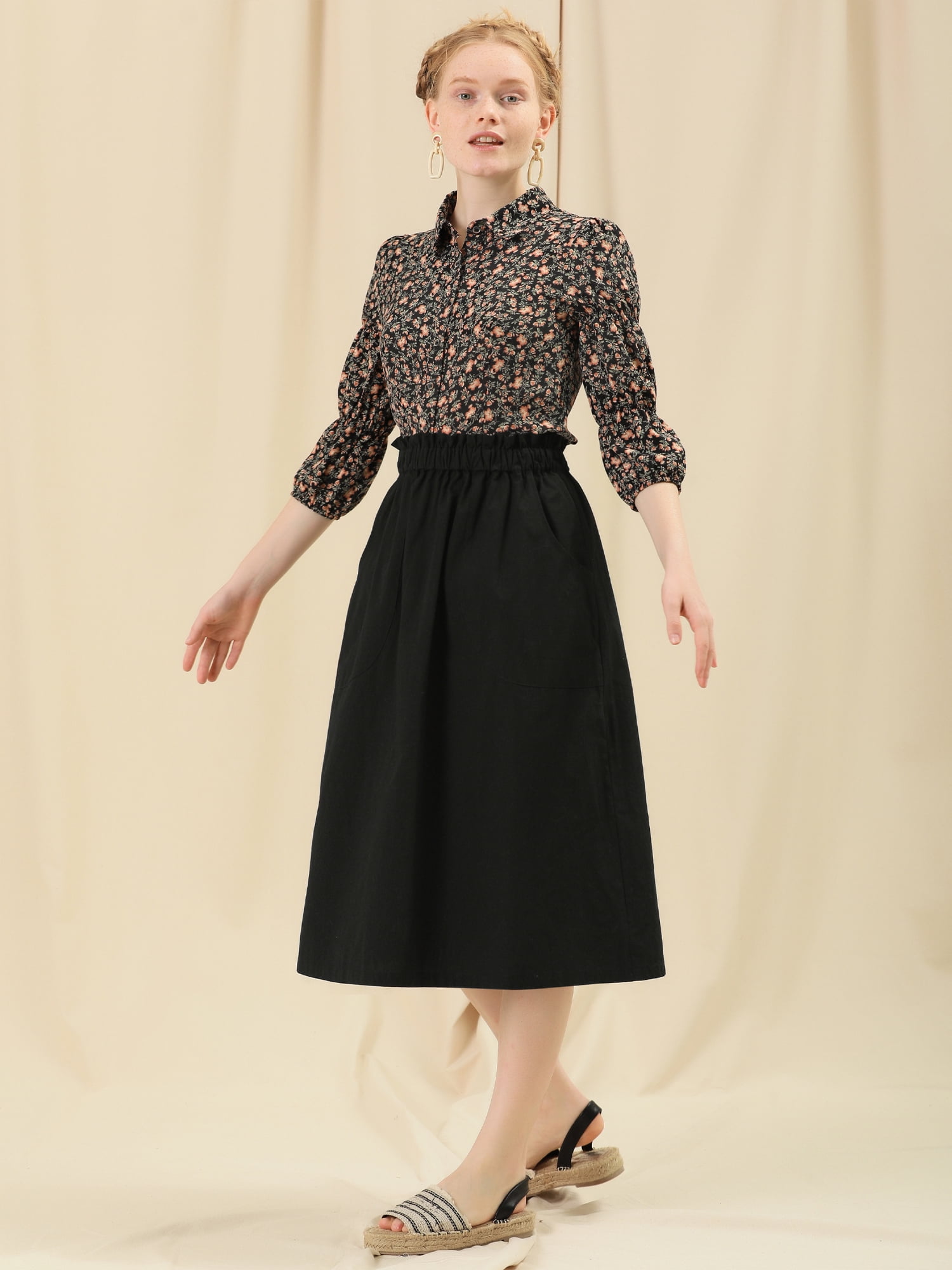 DARING DIVA Women's Cotton A-Line Midi Skirt with Pockets 2XL Black